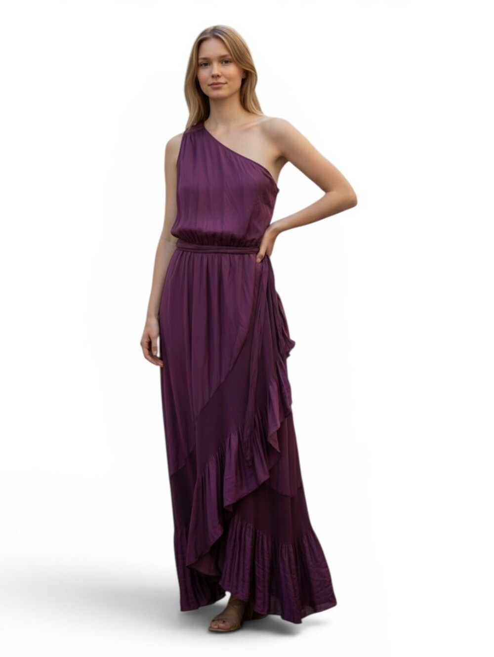 Ramy Brook One-Shoulder Ruffle Maxi Dress in Plum